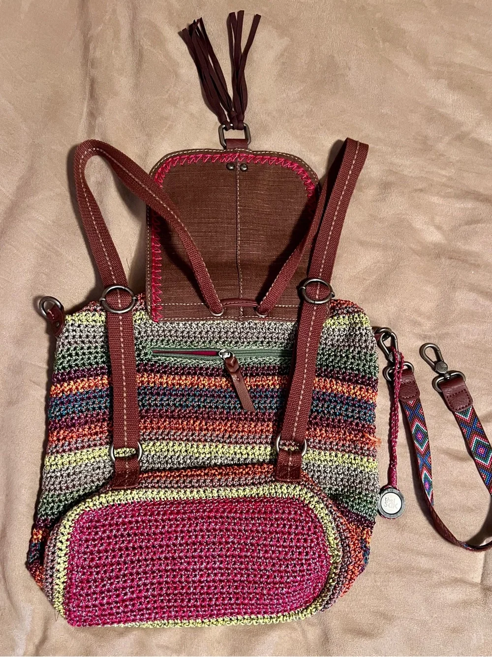 The Sak Avalon Brown & Multicolor Crochet Backpack with Patterned Strap